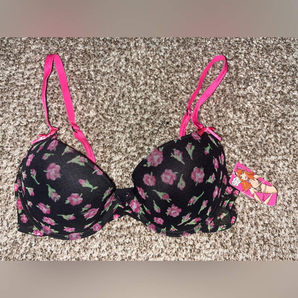 BETSEY JOHNSON Floral Bump M'Up Bra push up 32c roses floral mesh bow pink